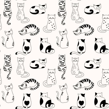 Şirin kedileri olan kusursuz vektör deseni, siyah beyaz çizim, evcil hayvan arka planı, tekstil baskısı için tasarım, duvar kağıdı, dekorasyon.
