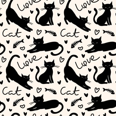 Kara kedi pürüzsüz vektör deseni, tekstil baskısı, kumaş, duvar kağıdı tasarımı.