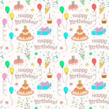Pastalar, hediye kutuları, balonlar ve havai fişeklerle kusursuz doğum günün kutlu olsun. Dekorasyon, duvar kağıdı, ambalaj kağıdı için tasarım. Renkli doğum günü kutlaması simgeleri. 