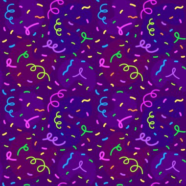 Kutlama partisi pürüzsüz vektör deseni, mor arkaplan renkli konfeti, dekorasyon, duvar kağıdı.