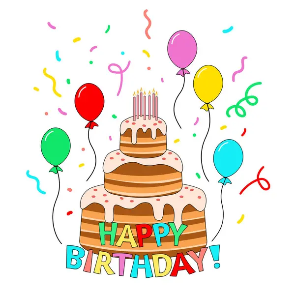 Doğum günü tebrik kartı, pasta, balon ve konfeti, düz tasarım renkli vektör çizimi.. 