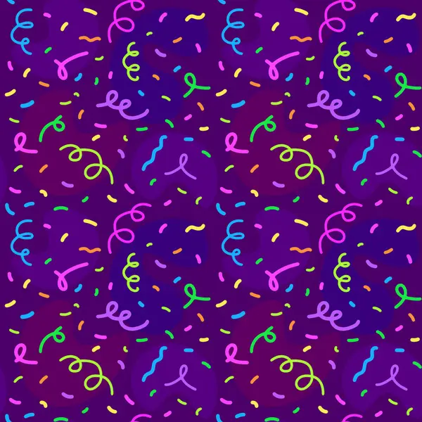 Kutlama partisi pürüzsüz vektör deseni, mor arkaplan renkli konfeti, dekorasyon, duvar kağıdı.