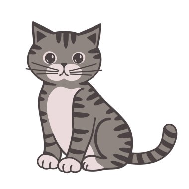 Beyaz arka planda izole edilmiş komik gri tekir kedi vektör çizimi, tebrik kartı, dekorasyon, tişört baskısı için şişman patileri olan sevimli kedi yavrusu..