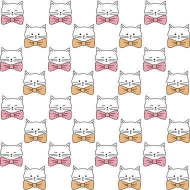 Kediler ve bağlı fiyonklarla kusursuz vektör deseni, tekstil baskısı, duvar kağıdı, ambalaj için sevimli kedi yüzleri süslemesi.