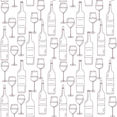 Şarap şişesi ve şarap bardakları çizim stili, kusursuz vektör deseni, ambalaj, dekorasyon, duvar kağıdı tasarımı.. 
