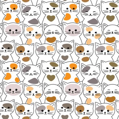 Çizgi film kedileri ve renkli benekleri olan kusursuz vektör deseni, duvar kağıdı, tekstil baskısı, dekorasyon için tasarım.