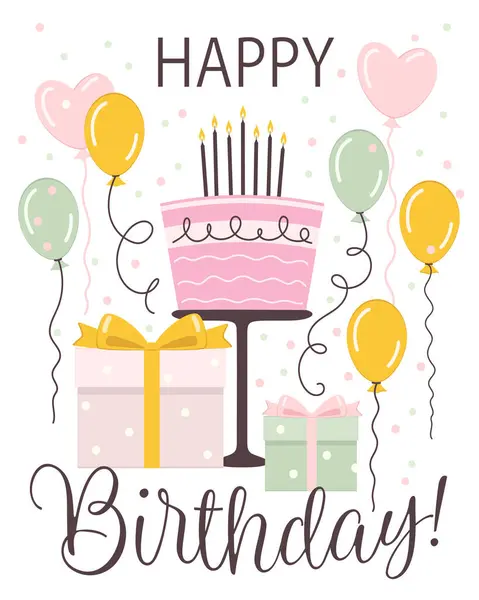 Hediye kutuları ve balonları olan doğum günü pastası, doğum günü kartı, beyaz arka planda vektör illüstrasyonu. 