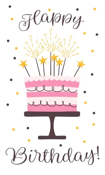 Maytap ve dekoratif yıldızlı doğum günü pastası, doğum günü kartı, beyaz arkaplanda vektör çizimi. 