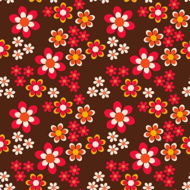 Eskimiş hippi tarzında kusursuz vektör deseni kahverengi arkaplanda renkli çiçekler, tekstil baskısı için düz tasarım, duvar kağıdı, ambalaj.
