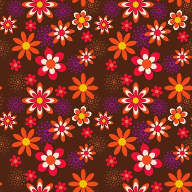 Kahverengi arkaplanda retro tarzında sevimli çiçekler, pürüzsüz vektör deseni, tekstil baskısı için düz tasarım, duvar kağıdı, ambalaj.