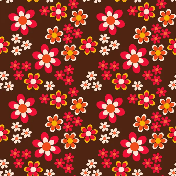 Eskimiş hippi tarzında kusursuz vektör deseni kahverengi arkaplanda renkli çiçekler, tekstil baskısı için düz tasarım, duvar kağıdı, ambalaj.