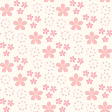 Basit pembe çiçeklerin kusursuz deseni ve yumuşak bej arka planda daire şeklinde kümeler, tekstil, duvar kâğıtları, vektör arkaplanı için mükemmel.