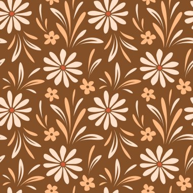 Kahverengi arka planda papatya çiçekleri, tekstil baskısı, duvar kâğıdı, dekor, ambalaj için renkli tasarımı olan 70 'li yılların çiçeksiz vektör deseni..