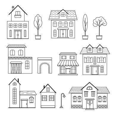 Farklı evler, ağaçlar, dükkan, lamba direği ve kemer seti, siyah çizgilerle çizilmiş şeffaf illüstrasyon, simge seti, küçük, samimi bir kasabanın temasında dekoratif unsurlar.