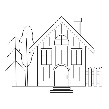 Ağaçları, bacası, çiti ve ön basamakları olan küçük bir köy evinin minimalist çizgisi. Renklendirme kitapları, simgeler veya mimari temalar için şeffaf ana hatlı vektör çizimi