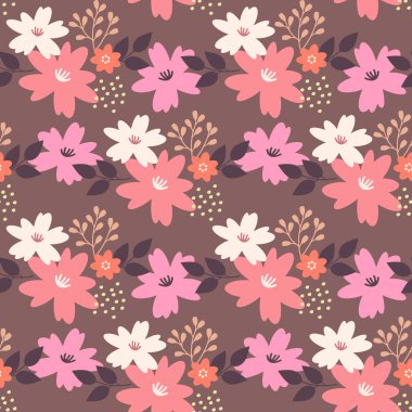 Pembe, şeftali rengi ve kahverengi arka planda koyu yapraklı krem rengi çiçeklerle kusursuz çiçek deseni. Kumaş tasarımı, hediye paketi, kırtasiye malzemeleri, rahat bir sonbahar atmosferi olan dijital projeler için mükemmel..