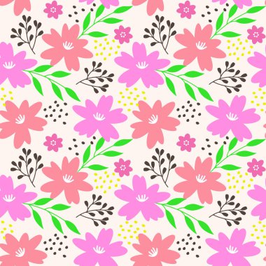 Elle çizilmiş çiçekleri, yaprakları ve yumuşak bir arka planda dekoratif noktaları olan kusursuz çiçek desenleri. Tekstil, kumaş, ambalaj kağıdı ve kırtasiye malzemesi için düz vektör tasarımı.