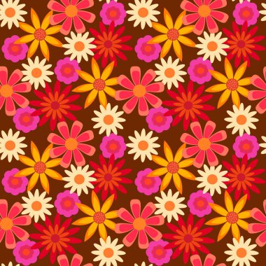 Kahverengi arka planda kırmızı, turuncu, pembe ve sarı çiçeklerin canlı karışımlı kusursuz vektör deseni. Tekstil, duvar kâğıtları, moda baskısı, ambalaj kağıdı için geçmişe dönük tasarım.