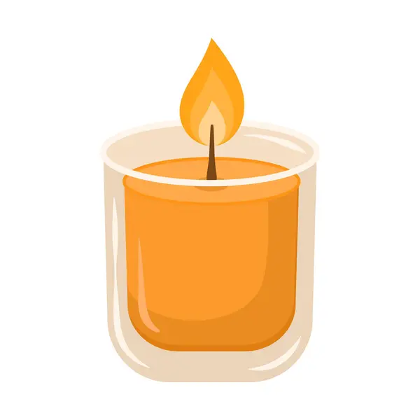 Cam kavanozdaki yanan kokulu mumun şirin minimalist vektör çizimi. Sarı ve turuncu renkler ev dekorasyonu, rahatlama, sonbahar tatili temaları için idealdir.