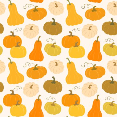 Yumuşak krema arka planında balkabakları olan sevimli, kusursuz vektör deseni. Şükran Günü temaları için sonbahar tasarımı, mevsimlik ambalajlar, kumaş baskıları, hatıra defteri ve el sanatları..