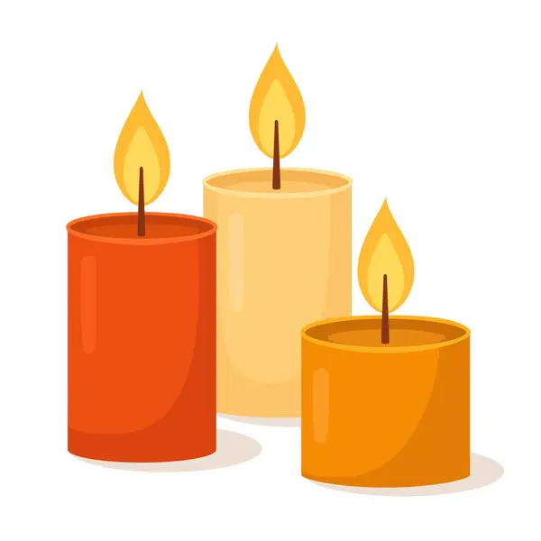 Sonbahar renkleri, turuncu, sarı ve kırmızı ile yanan mumların sıcak ve samimi vektör çizimi. Mevsimlik dekorasyon, hygge yaşam tarzı, ev dekorasyonu, tatil içeriği ve tebrik kartları için düz stil tasarımı.