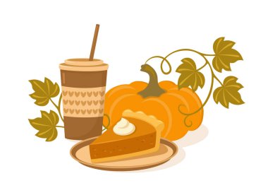 Bir dilim kremalı balkabağı turtası, kahve fincanı ve yapraklı parlak turuncu balkabağı ile samimi sonbahar vektör çizimi. Mevsimlik tebrik kartları, Şükran Günü tasarımı, kafe menüsü, sonbahar festivali markaları için mükemmel..