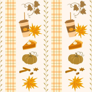Kabak aromalı kahve fincanları, balkabağı turtası dilimleri, yapraklar, balkabakları, tarçın çubukları, baharatlar ve ekoseli detaylar ile rahat vektör deseni. Mevsimlik ambalaj, kumaş tasarımı, hatıra defteri, Şükran Günü dekorasyonu, dijital kağıt için mükemmel..
