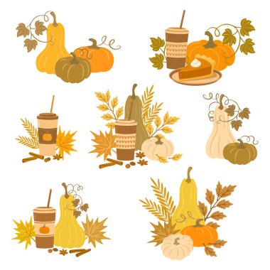 Balkabakları, balkabağı baharatlı kahve fincanları, turta, sonbahar yaprakları, tarçın ve anason gibi mevsimsel baharatlarla kurulmuş samimi sonbahar vektör klipsi. Şükran Günü tasarımları, mevsimlik markalaşma, ambalaj ve tebrik kartları için mükemmel..
