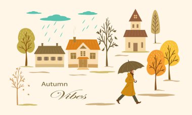 Evleri, renkli ağaçları, yağmuru ve şemsiyeli bir adamı içeren sonbahar kasabası sahnesinin düz vektör çizimi. Tebrik kartı, poster, web afişi, mevsimlik promosyonlar için rahat mevsimlik tasarım.