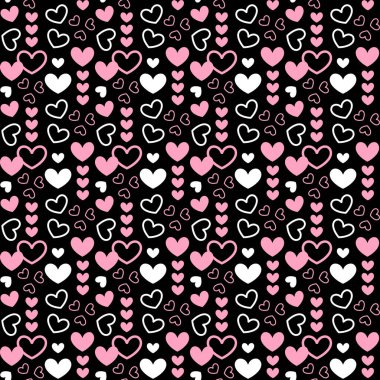 Katı ve ana hatları pembe ve beyaz olan kusursuz desenli, dikey sıra dizilmiş siyah bir arka plan. Tekstil, ambalaj kağıdı, Sevgililer Günü ürünleri ve dijital projeler için romantik tasarım.
