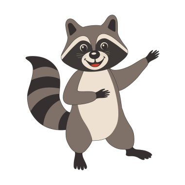 Sevimli çizgi film rakunu gülümseyerek ayakta duruyor ve bir eliyle bir jest yapıyor. Maskot tasarımı, eğitim materyalleri, reklamcılık için düz stil oyuncu karakter.