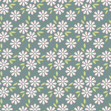 Kusursuz papatya deseni ve limon yeşili yapraklar. Tekstil ve giysi için düz vektör, kreş ve çocuk ürünleri, duvar kağıdı, hediye paketi, kırtasiye, dijital kağıt