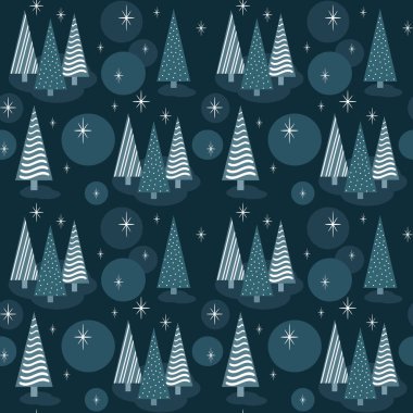 Derin donanma arka planında biçimlendirilmiş Noel ağaçları kümeleri olan kusursuz bir tatil düzeni. Hediye paketi, tebrik kartları, Noel partisi dekorasyonu, tekstil, hatıra defteri, duvar kağıdı, dijital arkaplan için düz vektör ideali