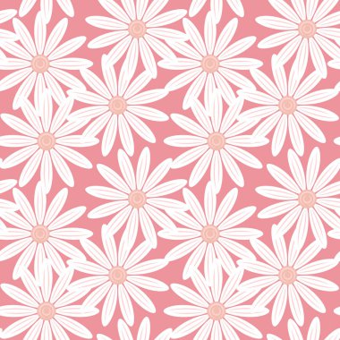 Seamless floral pattern with hand drawn white daisies on a pink background. Clean vector design repeat ideal for fabric, wallpaper, gift wrap, stationery, packaging, web background.