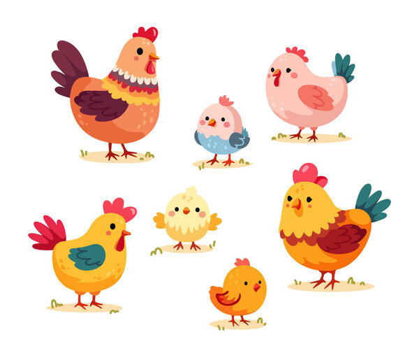 Collection of hens and chicks isolated on white background. Cute lovely family of domestic fowl. Farm animals. Set of birds for Easter, decor, invitation, cards. Childish cartoon vector illustration