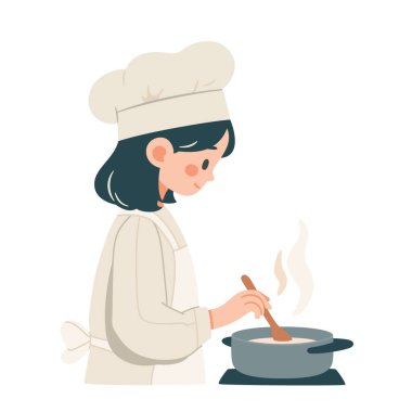 Önlüklü ve aşçı şapkalı mutlu kız yemek hazırlıyor. Ot mu tava mı soba mı? Profesyonel ya da ev mutfağı. Pişirme, pişirme, karıştırma malzemeleri. Vektör illüstrasyonu 