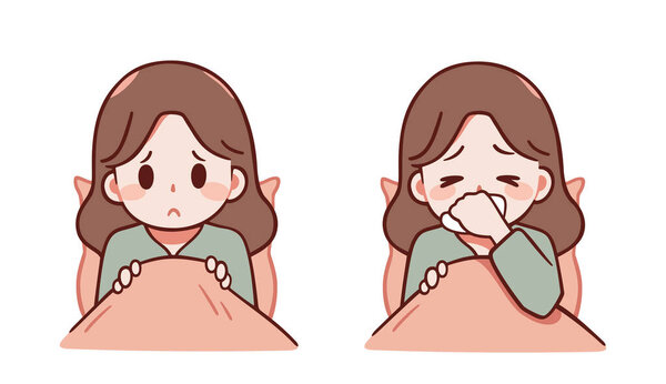 Психические расстройства, одиночество, депрессия. Больная симпатичная девушка в постели чувствует себя плохо. Она чихает в салфетку. Плохо себя чувствую, у меня жар или холод. Лечение болезней и отдыха. Аптечный векторный плакат