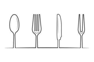 Çatal bıçak takımı, çatal bıçak takımı silueti, çatal bıçak vektörü, restoran ekipmanları, çatal bıçak sanatı, çatal kaşığı ve bıçak taslağı.