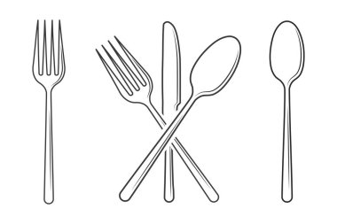 Çatal bıçak takımı, çatal bıçak takımı silueti, çatal bıçak vektörü, restoran ekipmanları, çatal bıçak sanatı, çatal kaşığı ve bıçak taslağı.