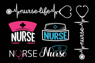 Hemşire Typography Tasarım Vektör Paketi, Hemşire tipografisi ile Tıbbi Stetoskop, Stetoskop Vektör İllüstrasyonlu Hemşire Tipografisi, Stetoskop kalp atışı, hemşire şapkalı hemşire tipografisi