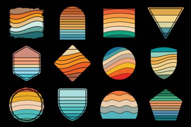 Retro Vintage Sunset Collection, Renkli Sunset Vector Shapes, Retro Sunset Illustration, Renkli Vintage Sunset EPS Dosyası