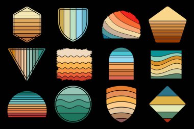 Retro Vintage Sunset Collection, Renkli Sunset Vector Shapes, Retro Sunset Illustration, Renkli Vintage Sunset EPS Dosyası