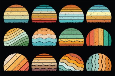 Retro Vintage Sunset Grunge Vector, Renkli Sunset Vector Shapes, Retro Sunset Illustration, Renkli Vintage Sunset EPS Dosyası