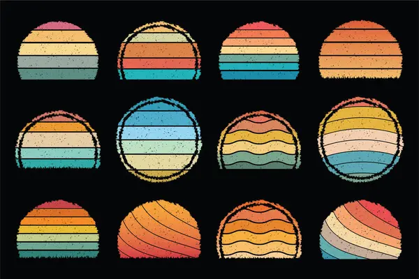 Retro Vintage Sunset Grunge Vector, Renkli Sunset Vector Shapes, Retro Sunset Illustration, Renkli Vintage Sunset EPS Dosyası