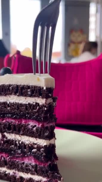 美味的浆果蛋糕切与叉子咖喱甜点巧克力蛋糕白酸奶奶油奶油 垂直录像以紫丁香色为主高质量的4K镜头 — 图库视频影像