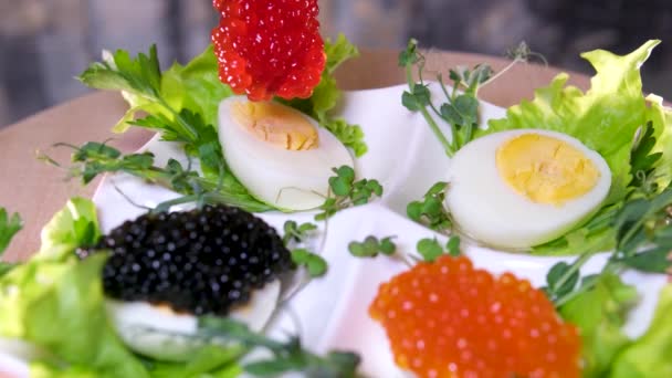 Setengah Dari Telur Ayam Rebus Dengan Kaviar Merah Pada Latar — Stok Video