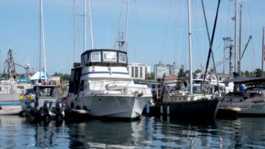 Victoria British Columbia, Canada Fishermans Rıhtım Evi Vancouver Adası BC Boat and Yachts 'da İç Liman' daki Fishermans Wharf Marina 'da yüzen balıkçılar. Yüksek kalite 4k