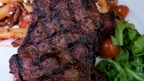 Grillen Gegrilltes Steak Schaschlik Und Gegrillte Paprika Zwiebeln Auf Heißem — Stockvideo