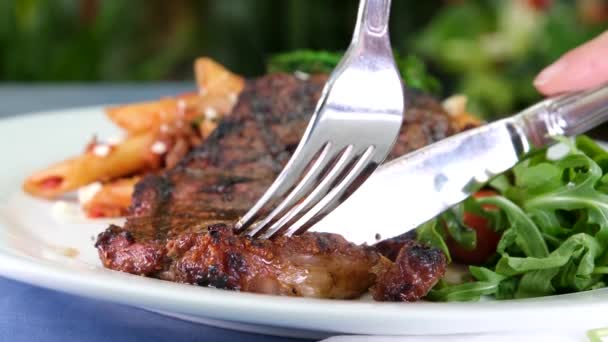 Schneiden Eines Steaks Mit Einem Messer Hochwertiges Filmmaterial — Stockvideo