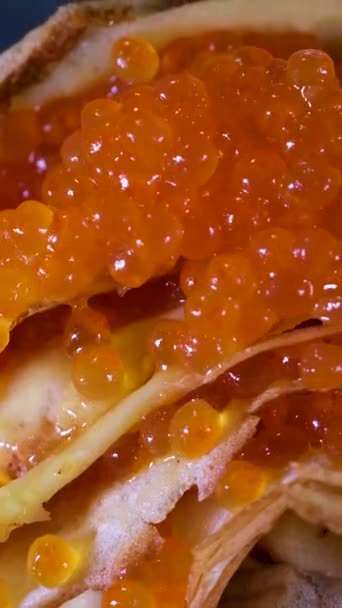 Narancs Keta Chum Lazac Kaviár Konzervben Zúzott Jégen Gyöngykanállal Pirított — Stock videók